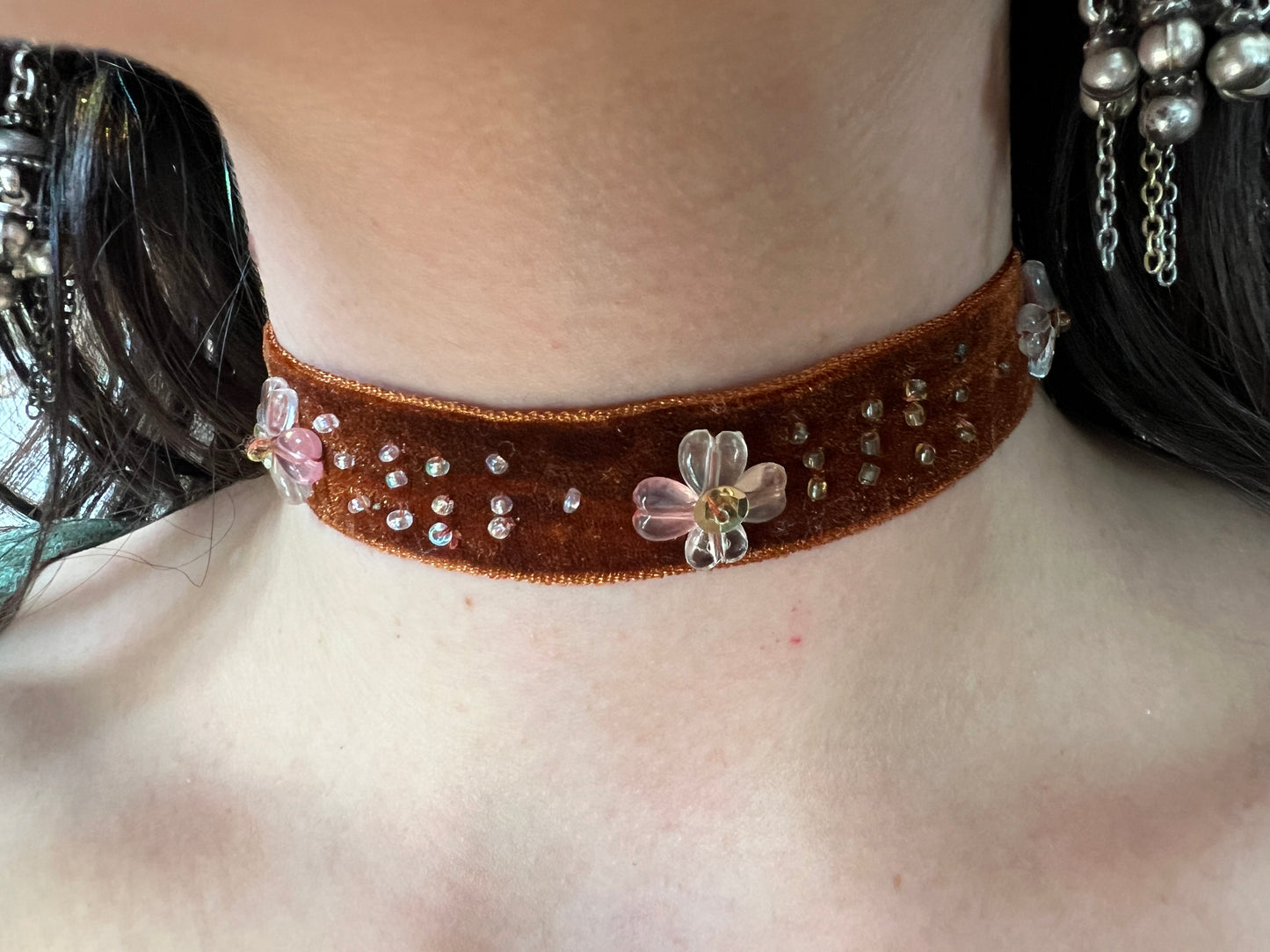 Orange Velvet Beaded Choker