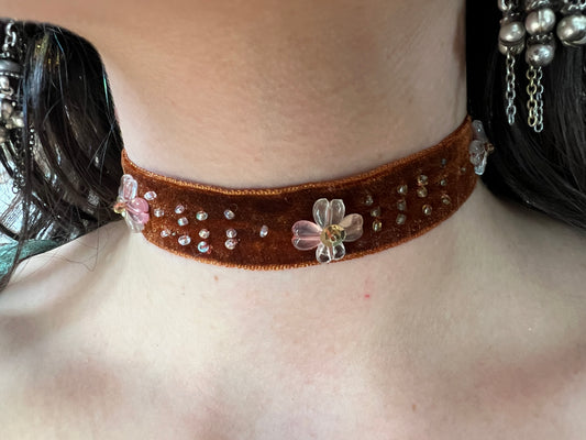 Orange Velvet Beaded Choker